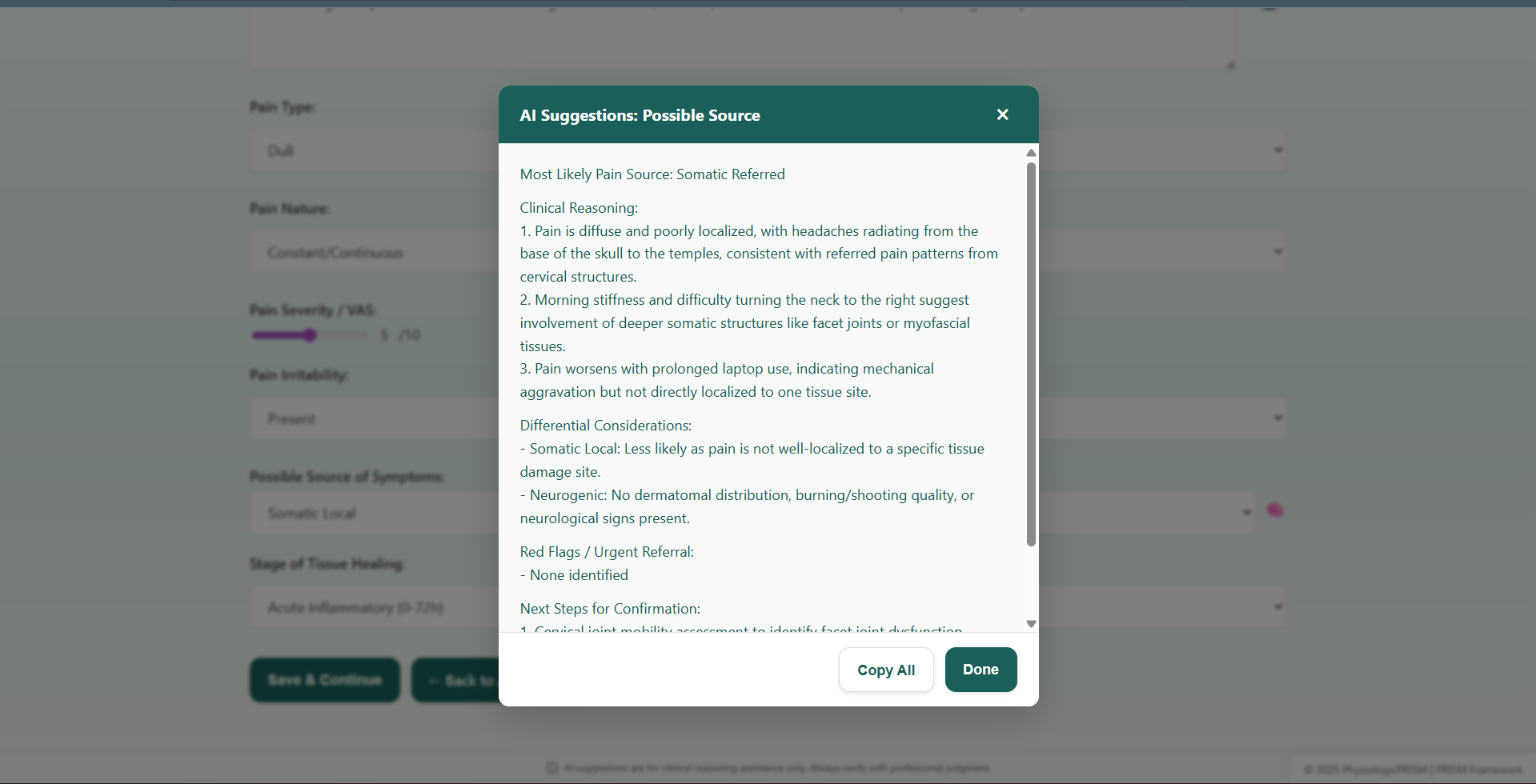 AI analysis showing pain source and clinical reasoning