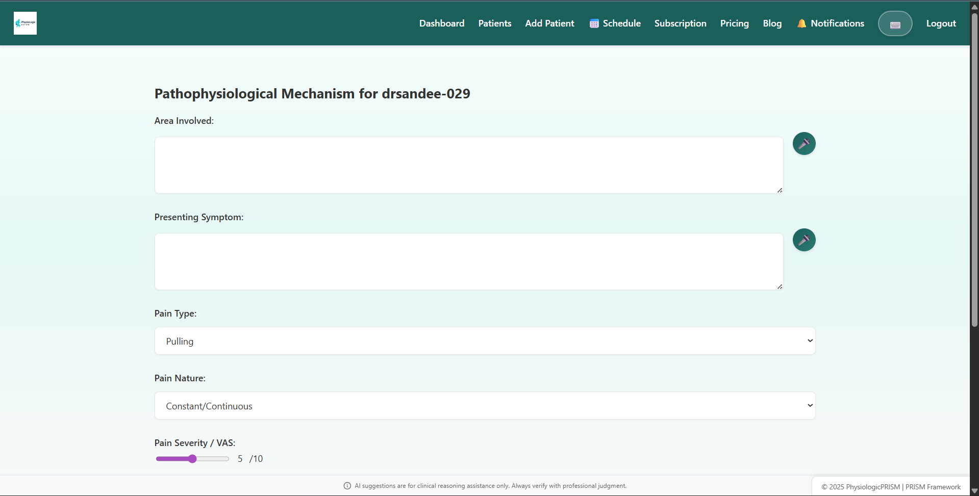 Pathophysiological mechanism analysis form with structured fields