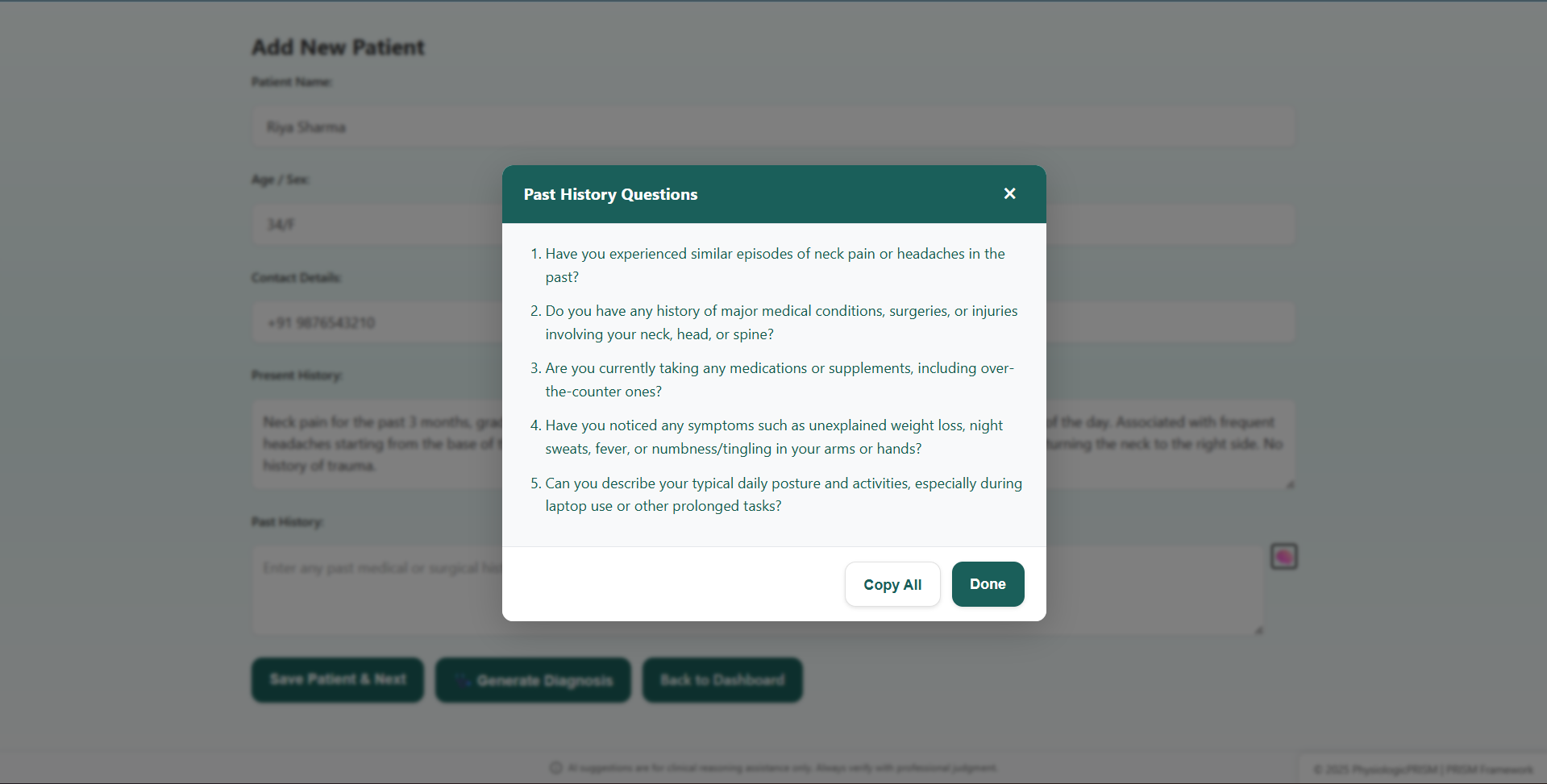 AI-generated history questions tailored to patient condition