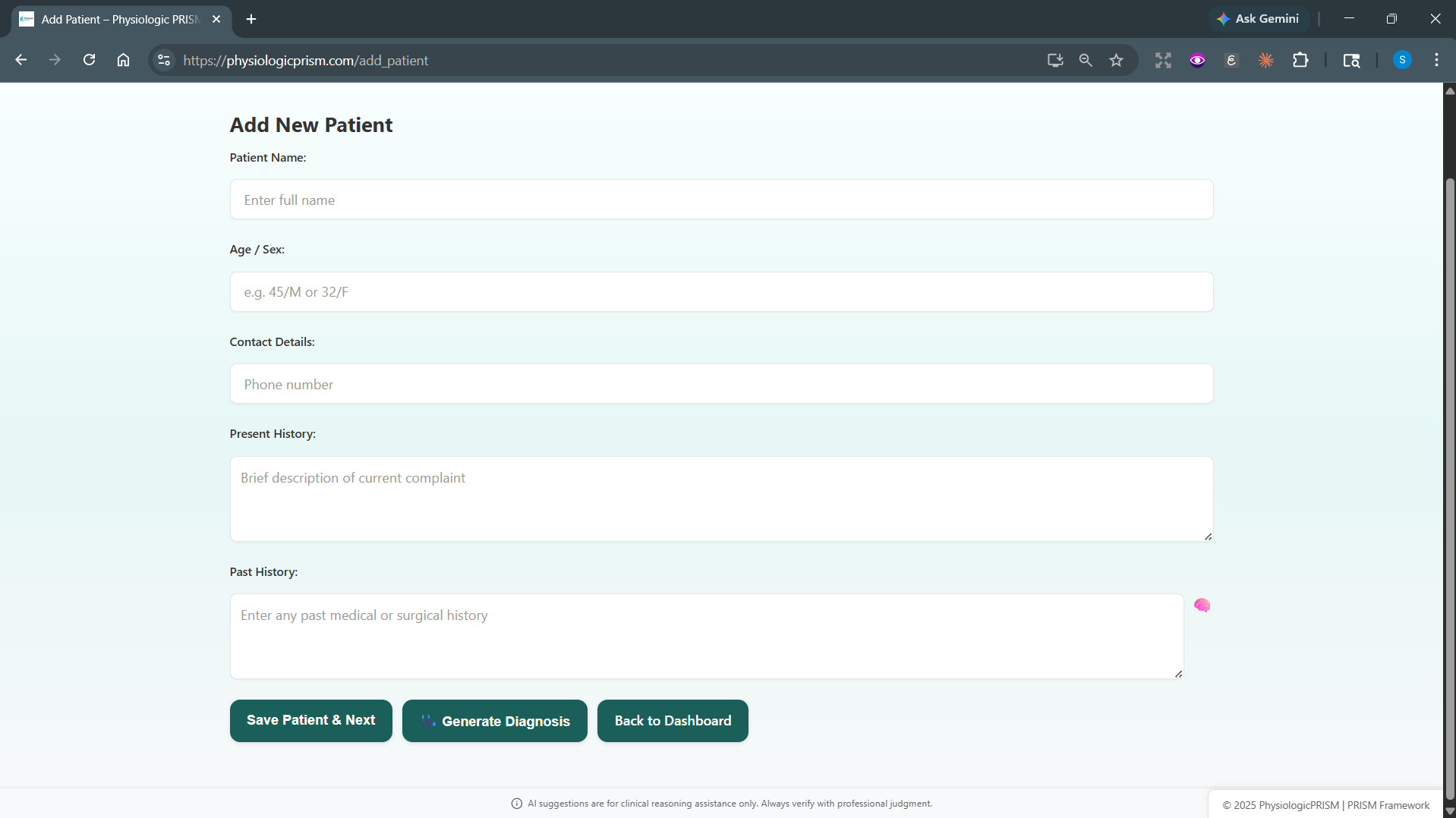 Patient history intake form with structured fields