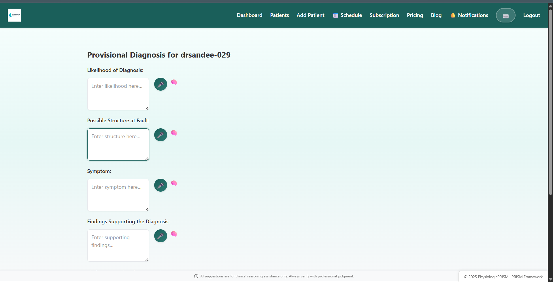 Provisional diagnosis form with structured clinical reasoning fields
