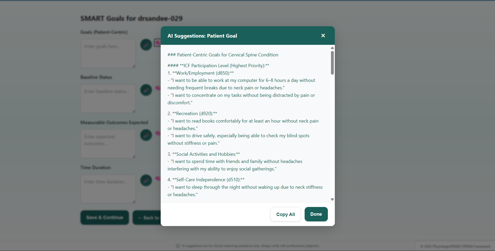 AI suggestions showing ICF-aligned patient goals