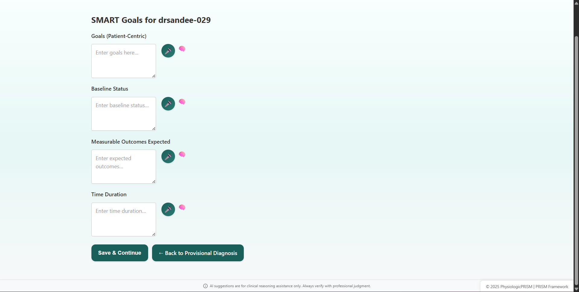 SMART Goals interface showing structured fields for goal setting