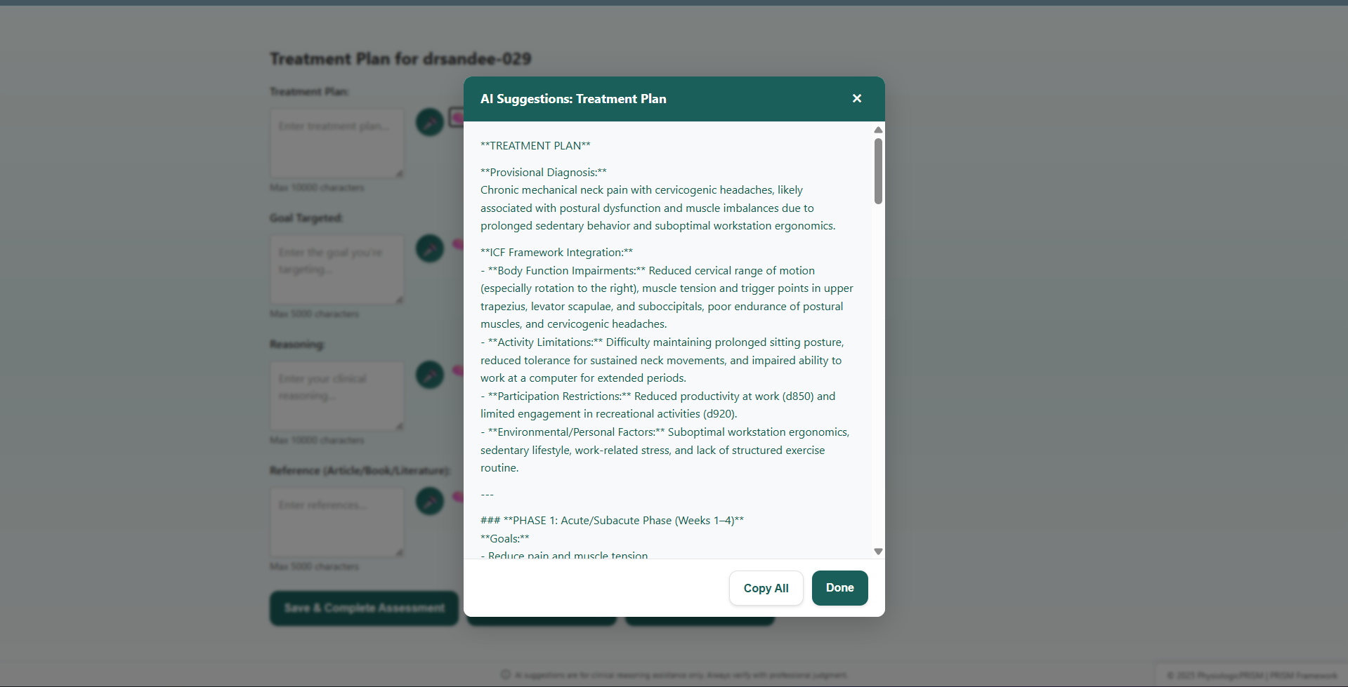 AI-generated treatment plan with evidence-based interventions and references
